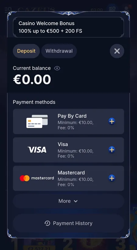Cazeus cashier deposit tab with payment methods and bonus banner