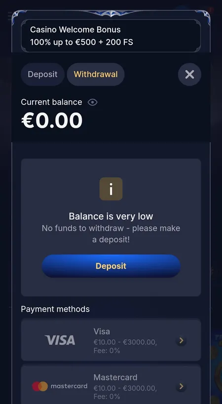 Cazeus Casino cashier withdrawal tab with balance warning