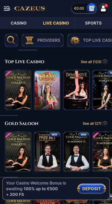 Cazeus live casino mobile lobby with roulette and Crazy Time tables