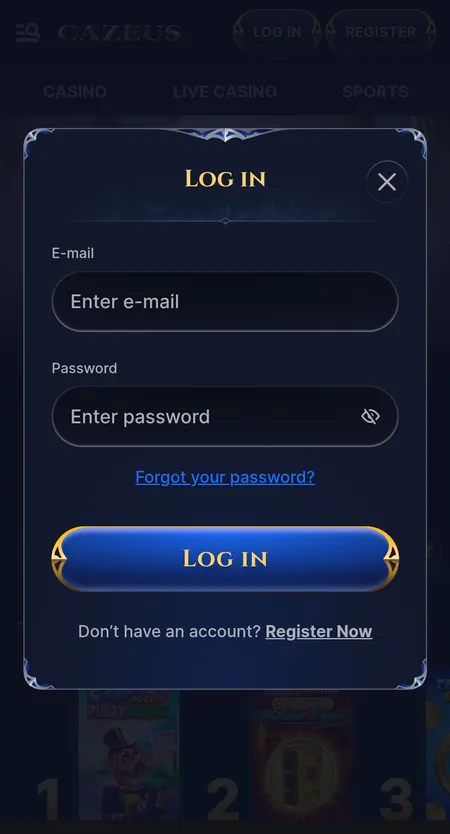 Cazeus Casino login modal with email and password fields