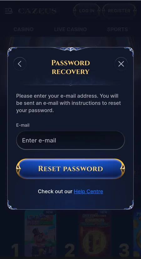 Cazeus password recovery modal with email input