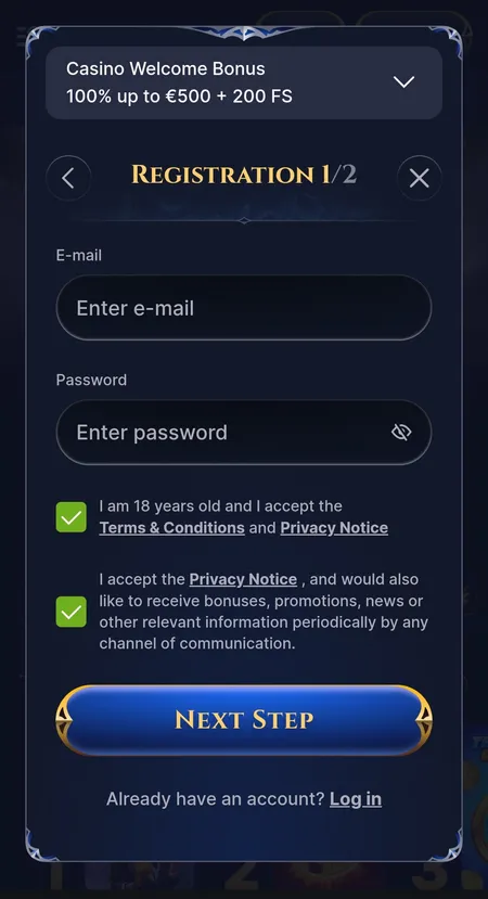 Cazeus Casino registration form step one