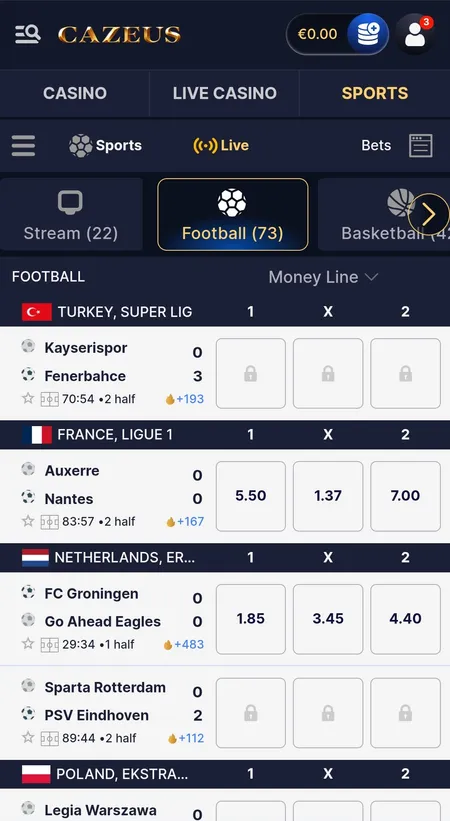 Cazeus sportsbook live view with football and basketball lines